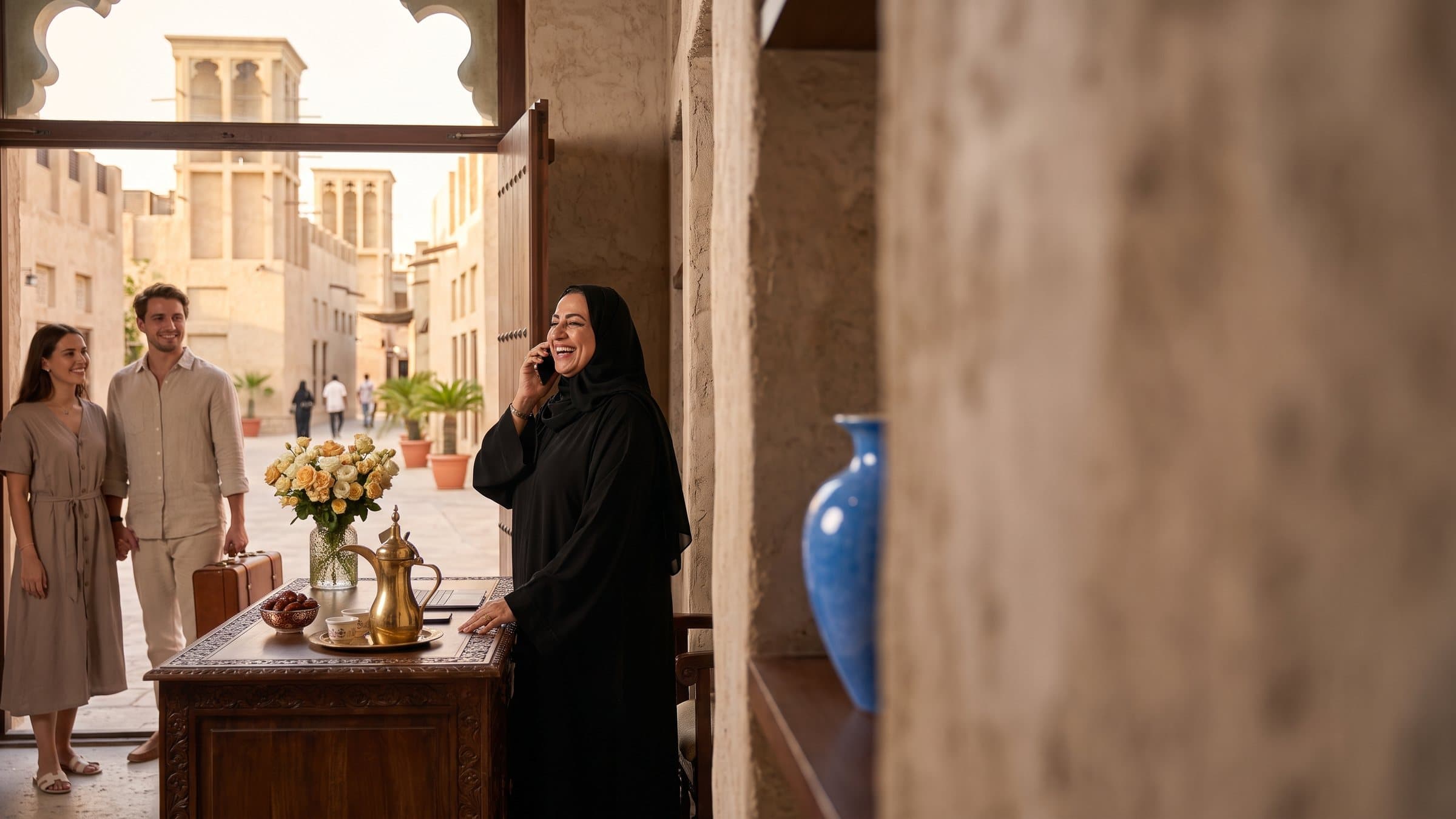 موظفة استقبال تبتسم وهي ترد على الهاتف في بيت تراثي من الحجر المرجاني، وخلفها البراجيل والنخيل
