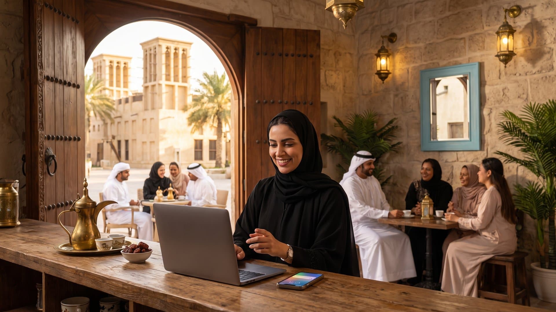 صاحبة مقهى تضبط كل شيء على الحاسوب بينما يضيء هاتفها على المنضدة، والبراجيل خلف الباب